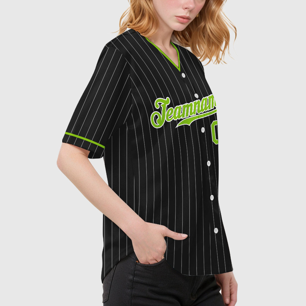 Custom Black White Neon Green Pinstripe Baseball Jersey