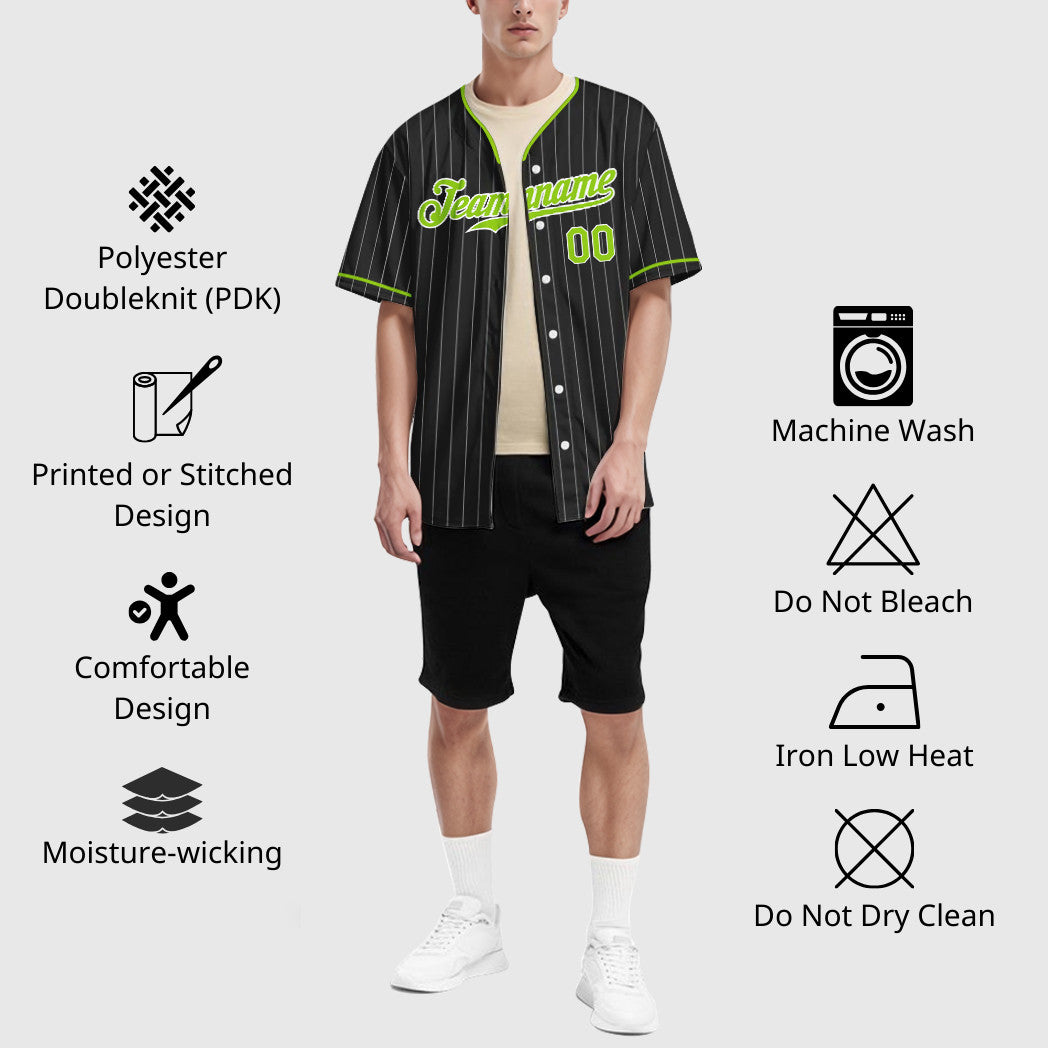 Custom Black White Neon Green Pinstripe Baseball Jersey