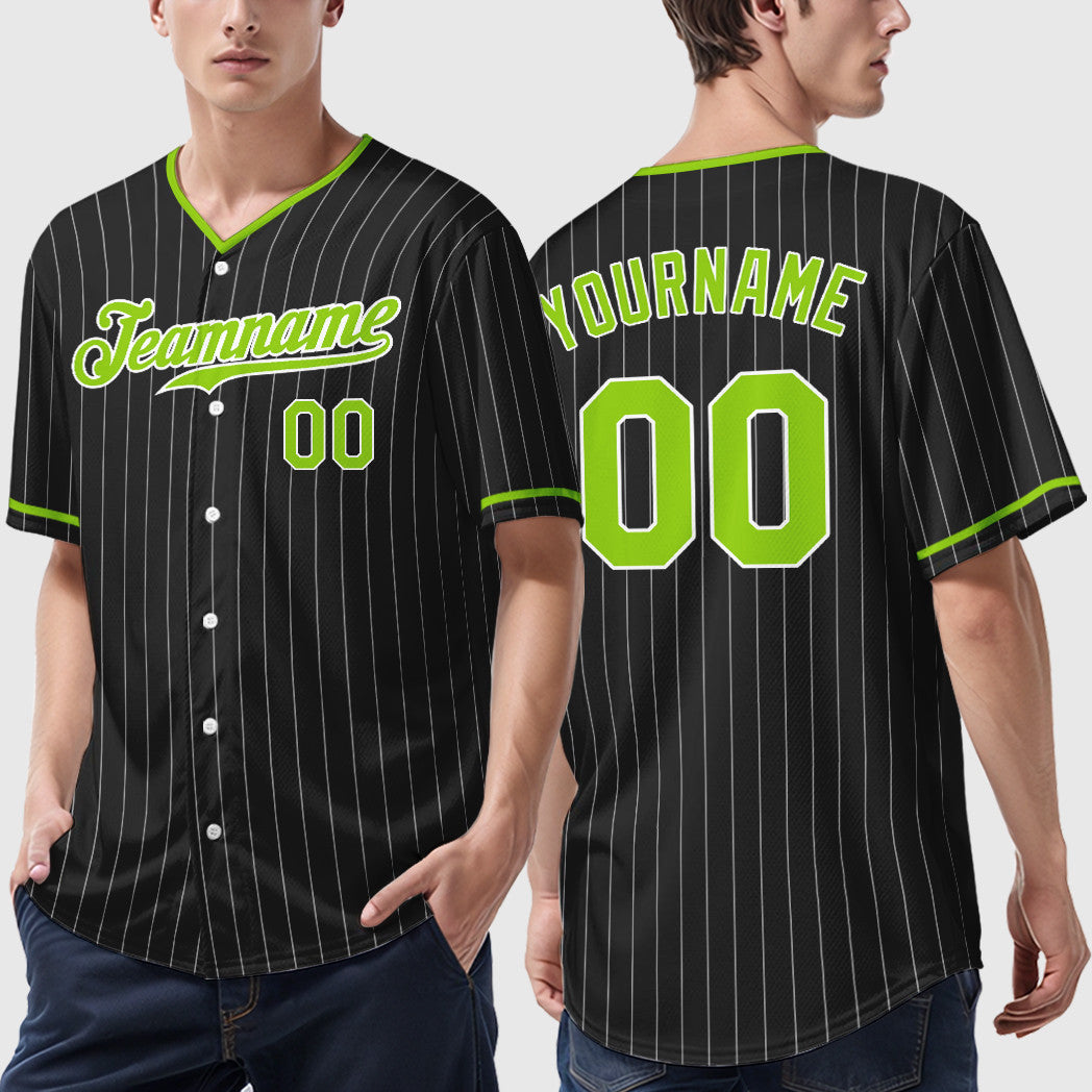 Custom Black White Neon Green Pinstripe Baseball Jersey