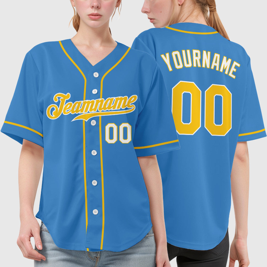 Custom Powder Blue White Gold-White Sleeve Baseball Jersey