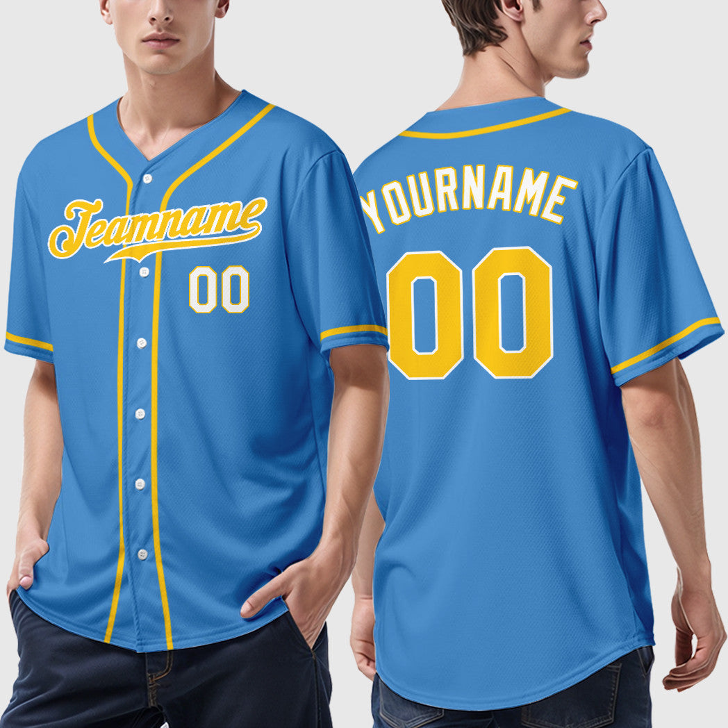 Custom Powder Blue White Gold-White Sleeve Baseball Jersey