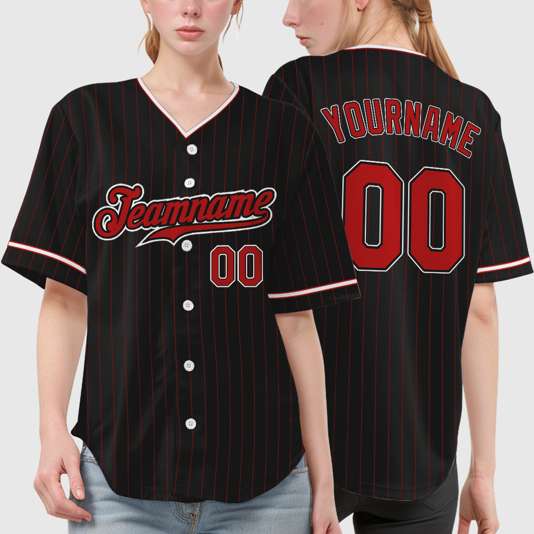 Custom Black Red Red-White Pinstripe Baseball Jersey