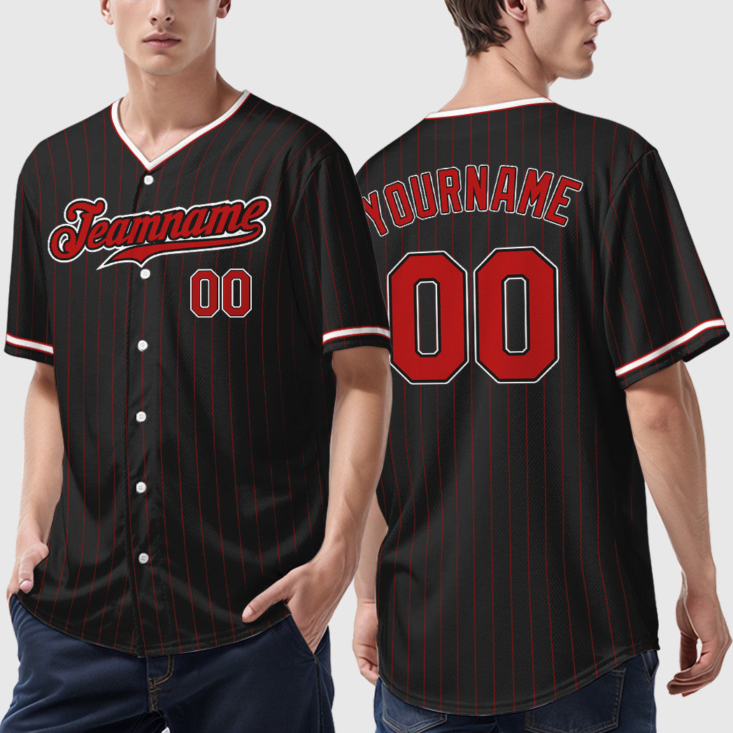 Custom Black Red Red-White Pinstripe Baseball Jersey