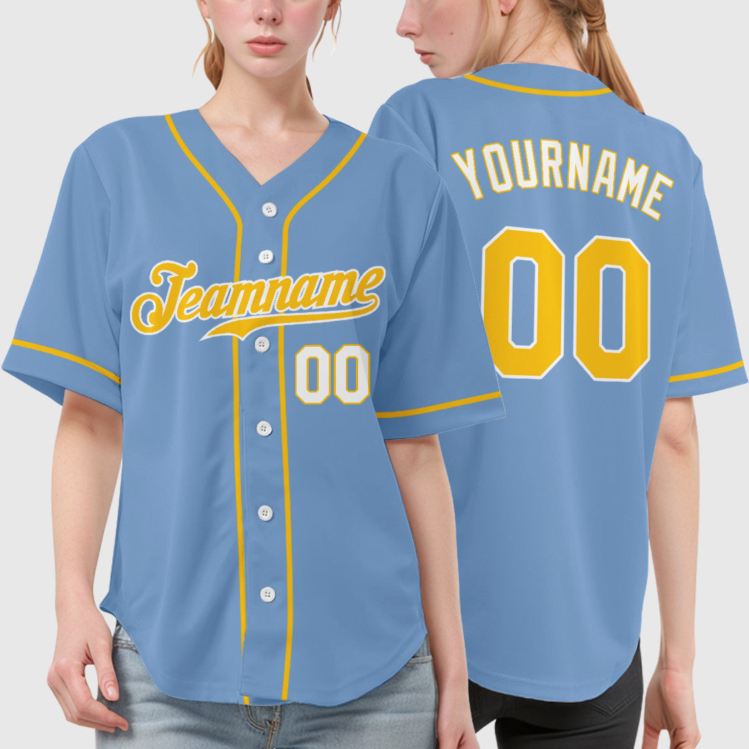 Custom Light Blue Gold Gold-White Sleeve Baseball Jersey