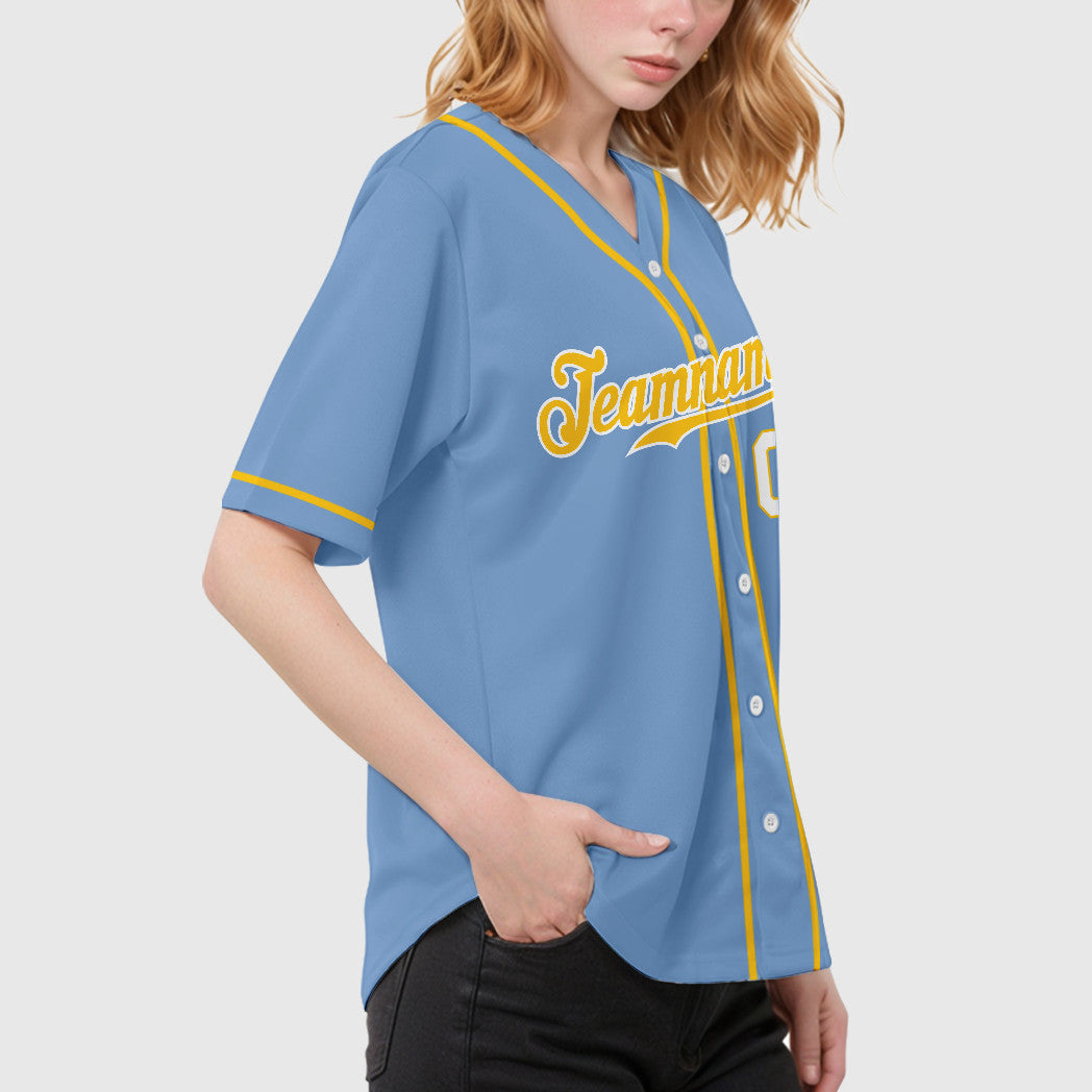 Custom Light Blue Gold Gold-White Sleeve Baseball Jersey