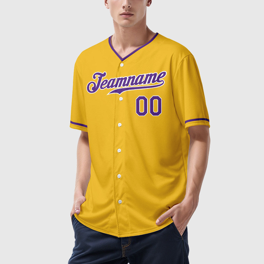 Custom Yellow Purple Purple-White Collar Sleeve Baseball Jersey
