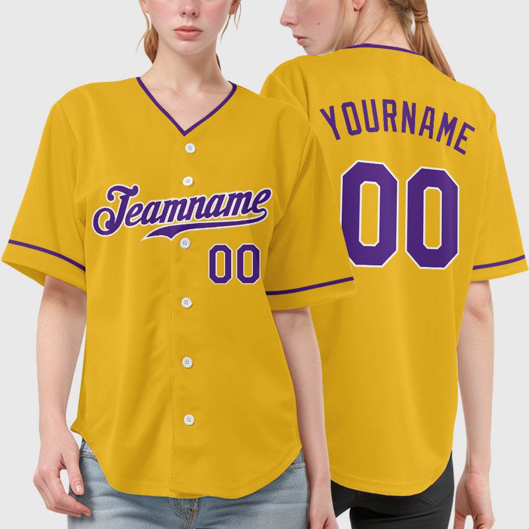 Custom Yellow Purple Purple-White Collar Sleeve Baseball Jersey