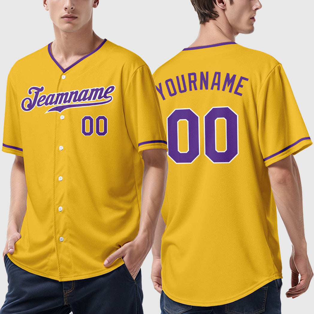 Custom Yellow Purple Purple-White Collar Sleeve Baseball Jersey