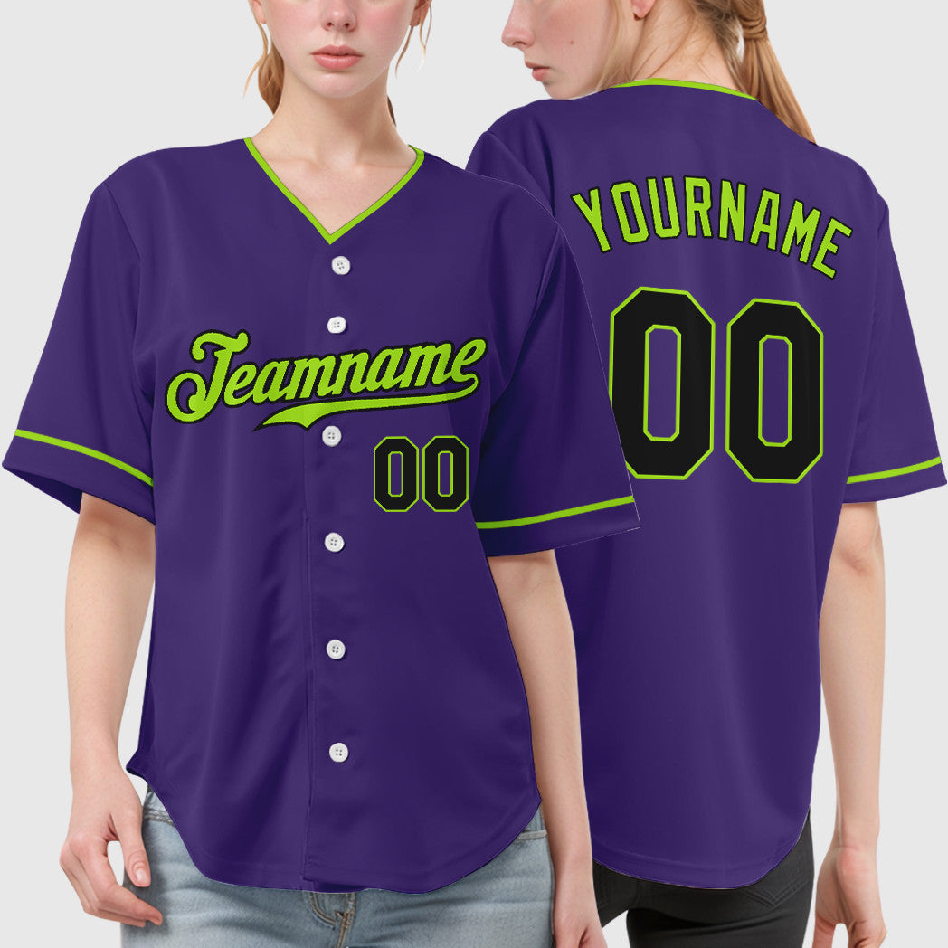 Custom Purple Black Neon Green Collar Sleeve Baseball Jersey