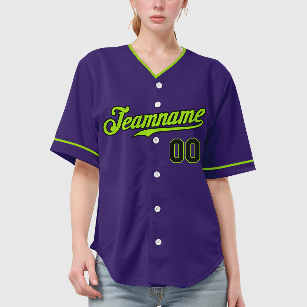 Custom Purple Black Neon Green Collar Sleeve Baseball Jersey