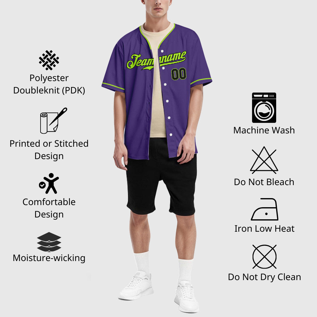 Custom Purple Black Neon Green Collar Sleeve Baseball Jersey