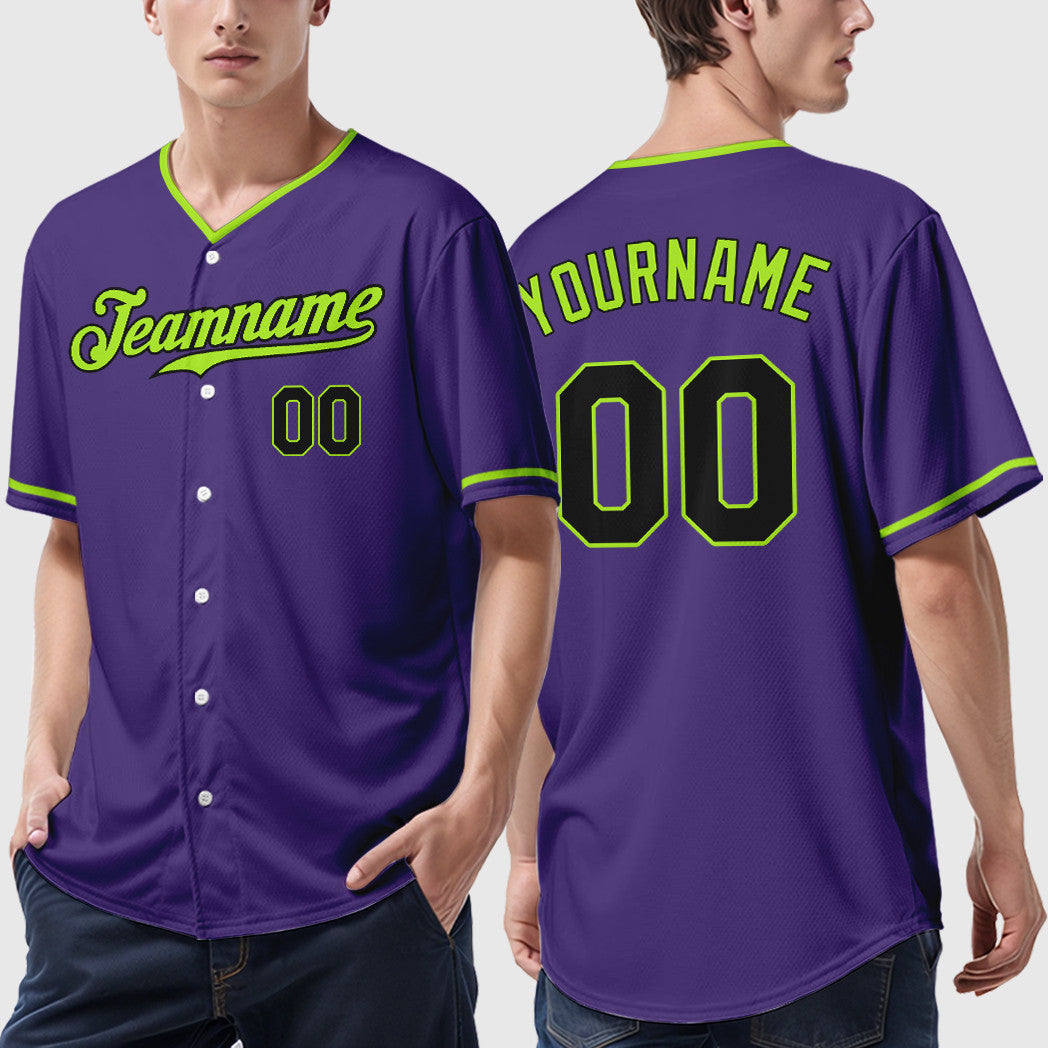 Custom Purple Black Neon Green Collar Sleeve Baseball Jersey