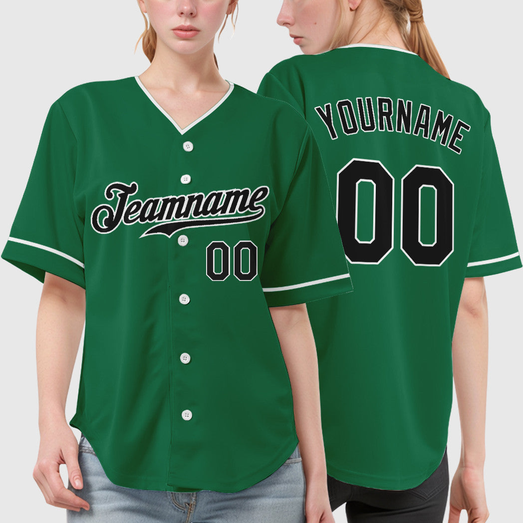 Custom Kelly Green White Black Collar Sleeve Baseball Jersey
