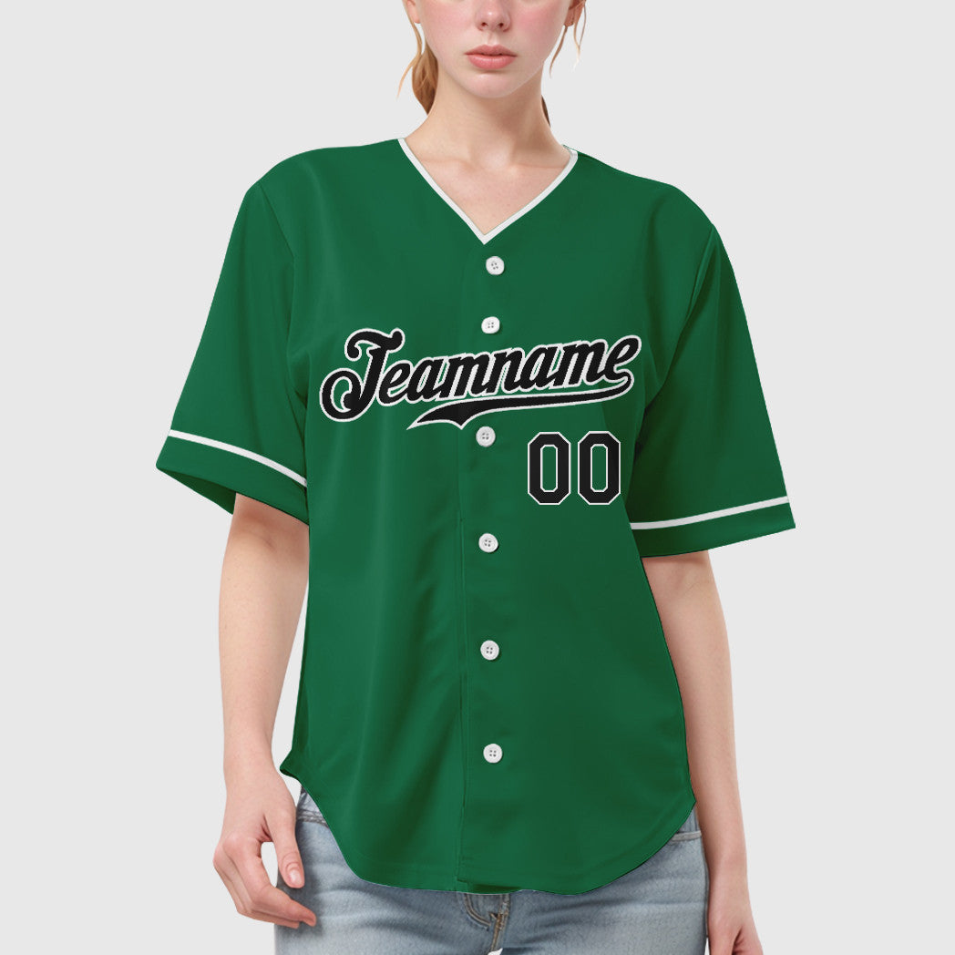 Custom Kelly Green White Black Collar Sleeve Baseball Jersey