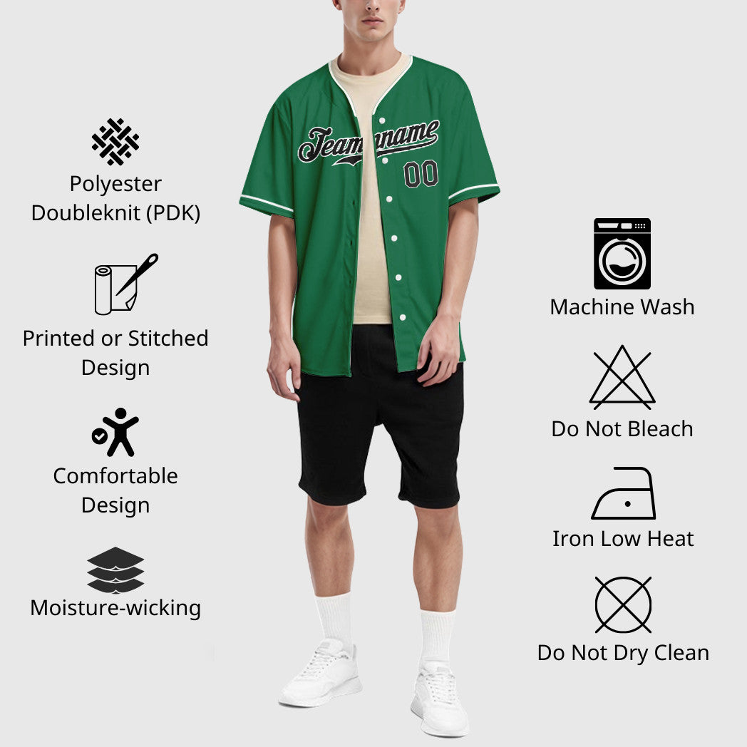 Custom Kelly Green White Black Collar Sleeve Baseball Jersey