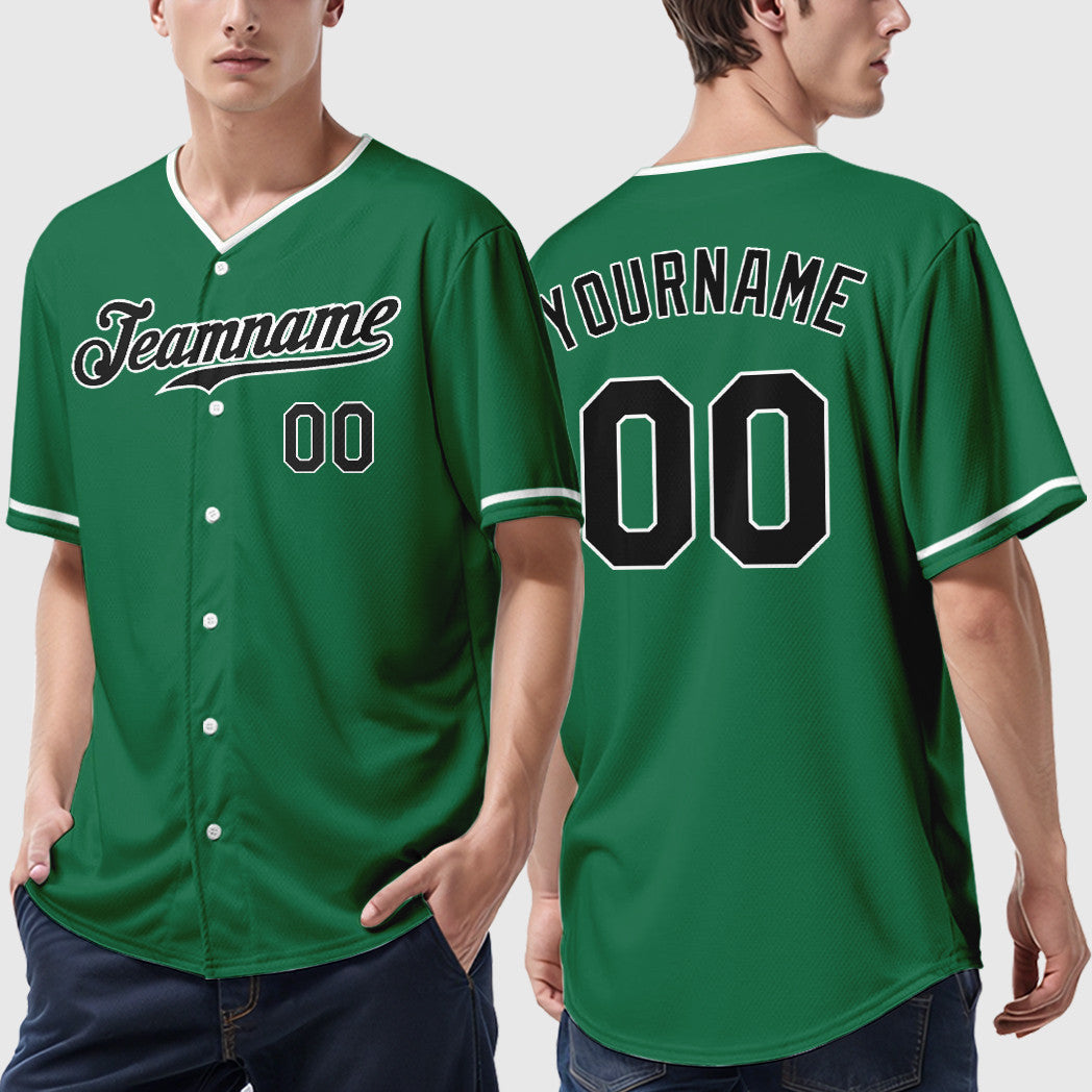 Custom Kelly Green White Black Collar Sleeve Baseball Jersey