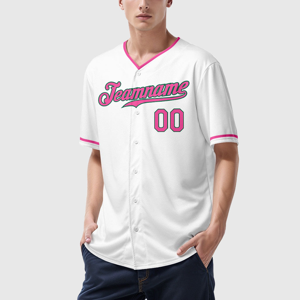 Custom White Kelly Green Pink-Kelly Green Collar Sleeve Baseball Jersey
