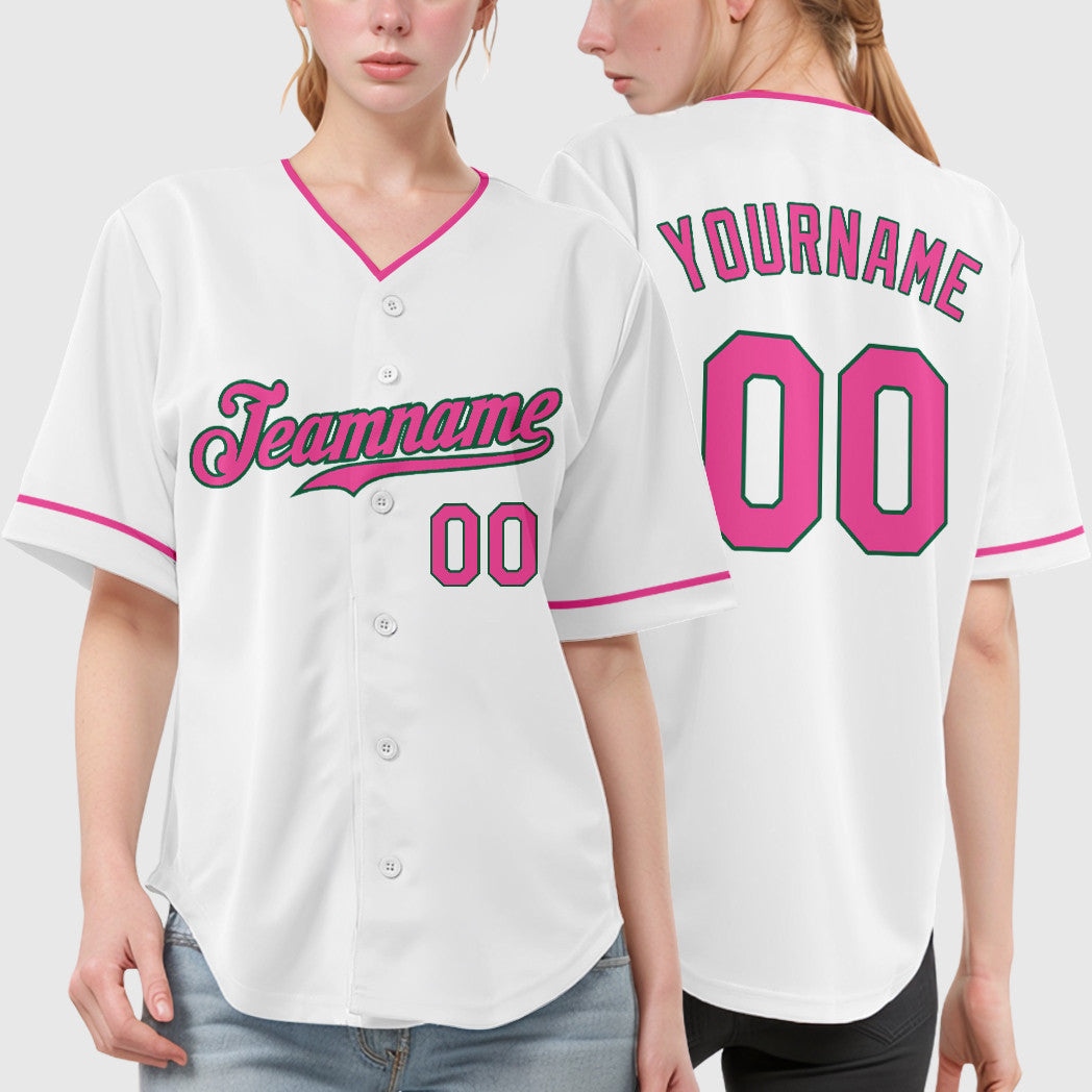 Custom White Kelly Green Pink-Kelly Green Collar Sleeve Baseball Jersey