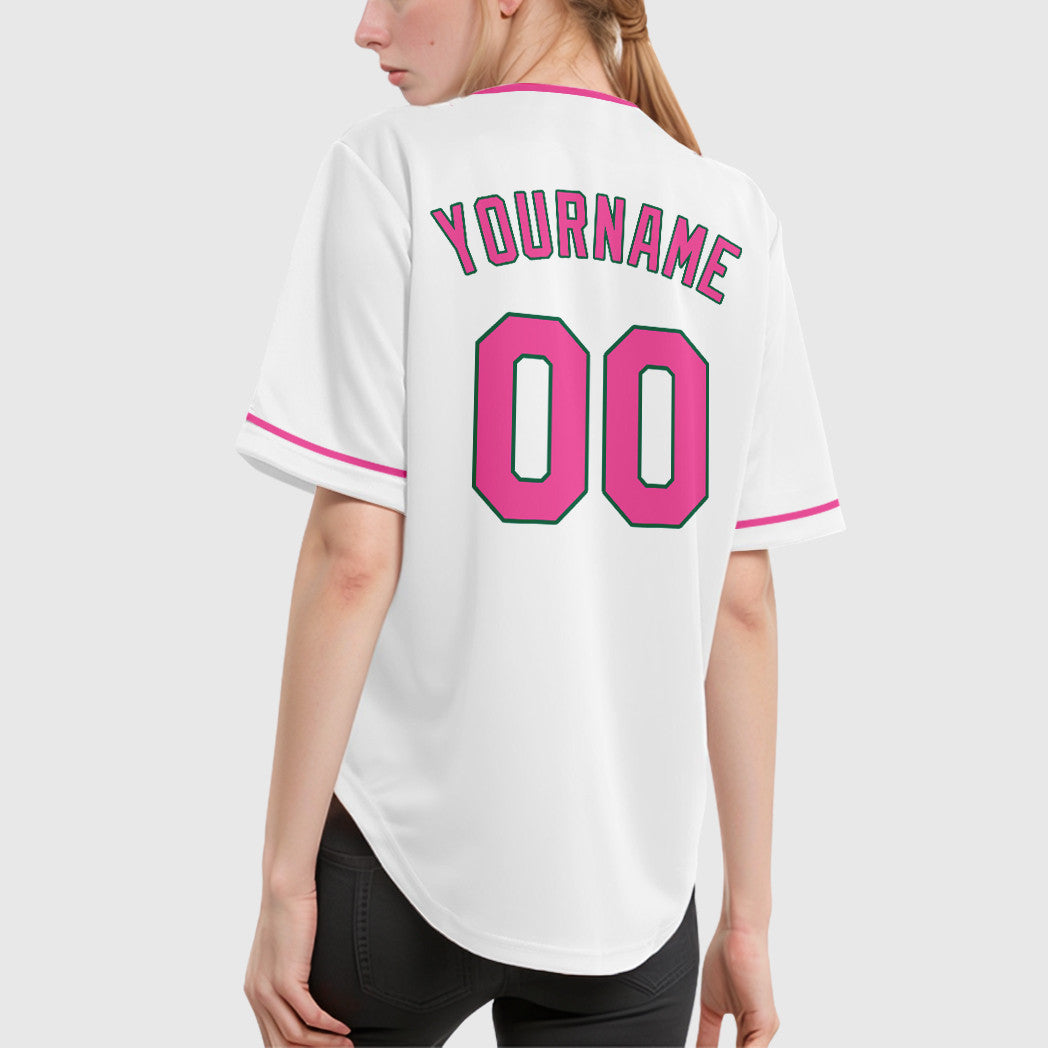 Custom White Kelly Green Pink-Kelly Green Collar Sleeve Baseball Jersey