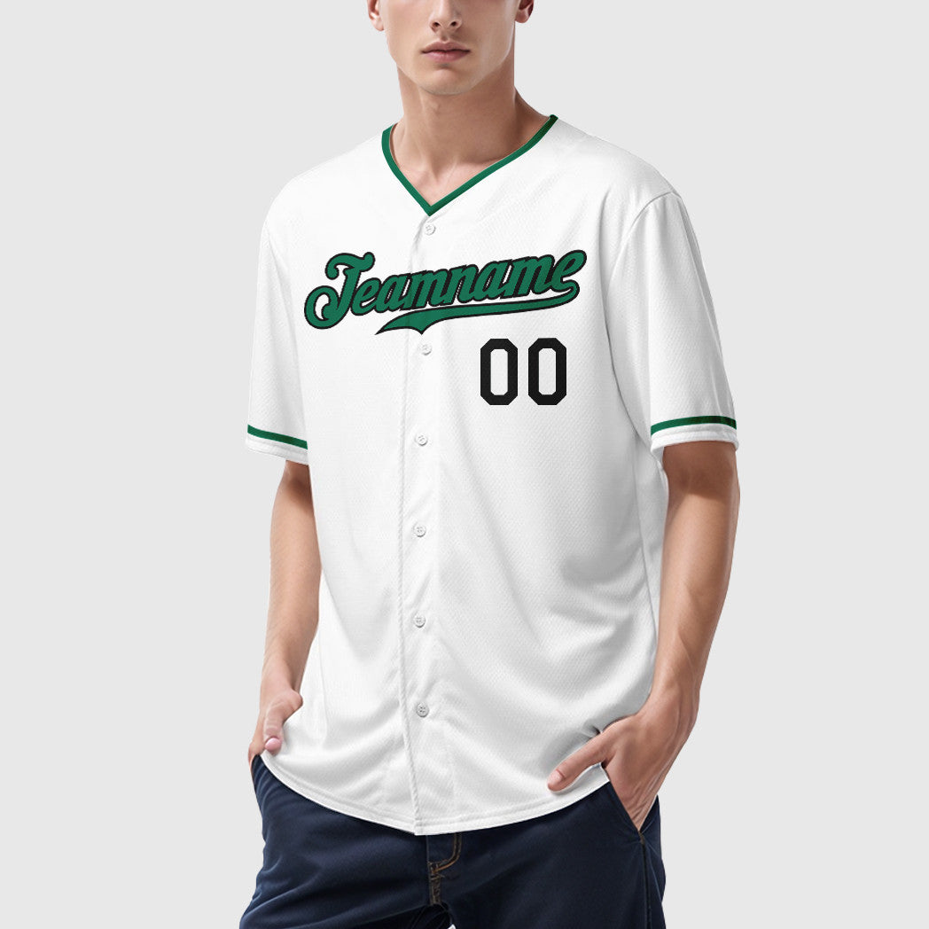 Custom White Black Kelly Green Collar Sleeve Baseball Jersey