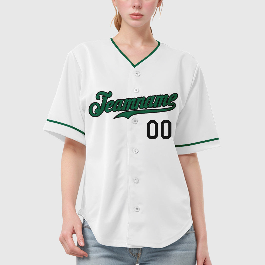 Custom White Black Kelly Green Collar Sleeve Baseball Jersey