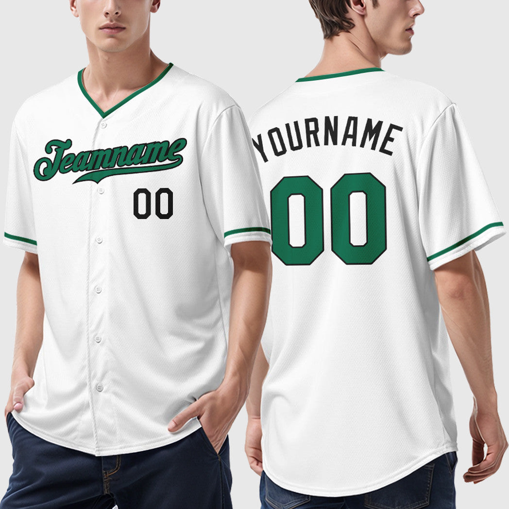 Custom White Black Kelly Green Collar Sleeve Baseball Jersey