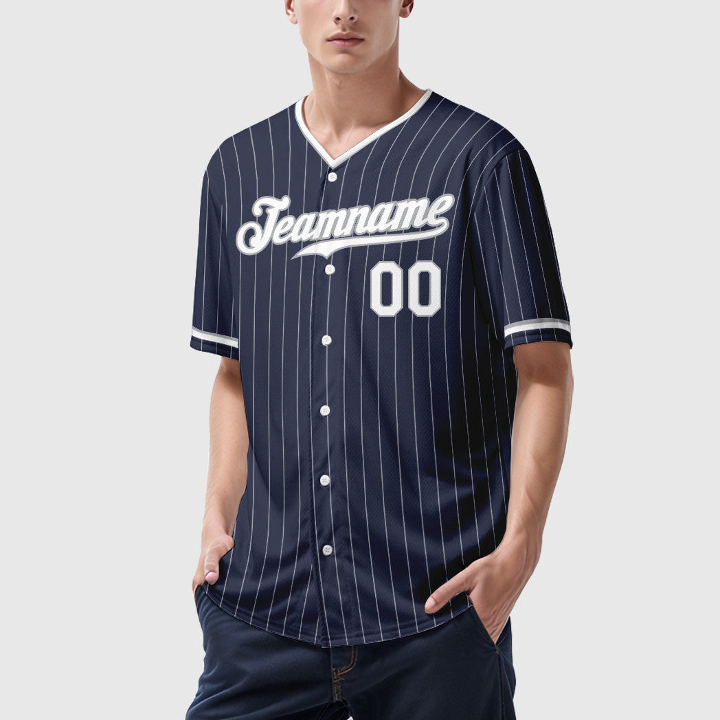 Custom Navy White White-Gray Pinstripe Baseball Jersey