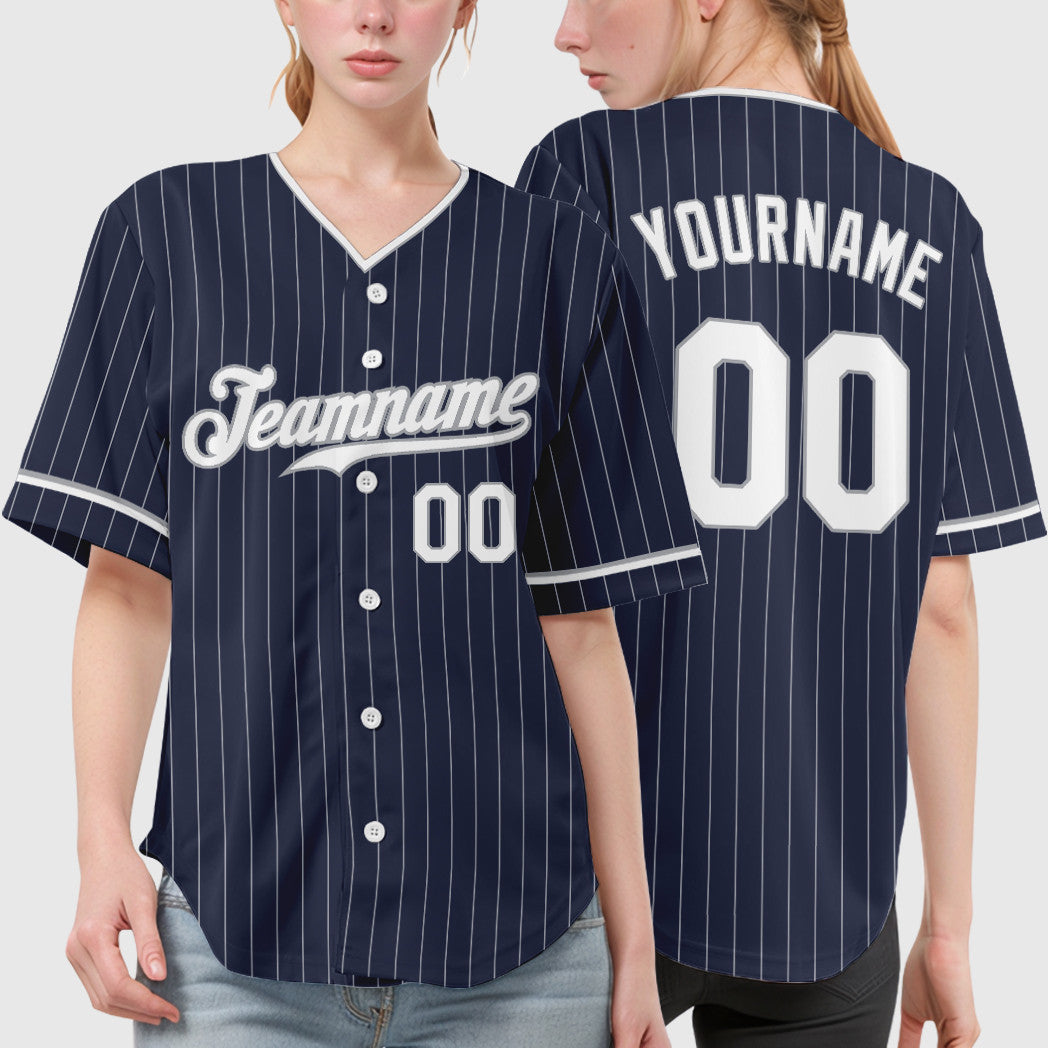 Custom Navy White White-Gray Pinstripe Baseball Jersey
