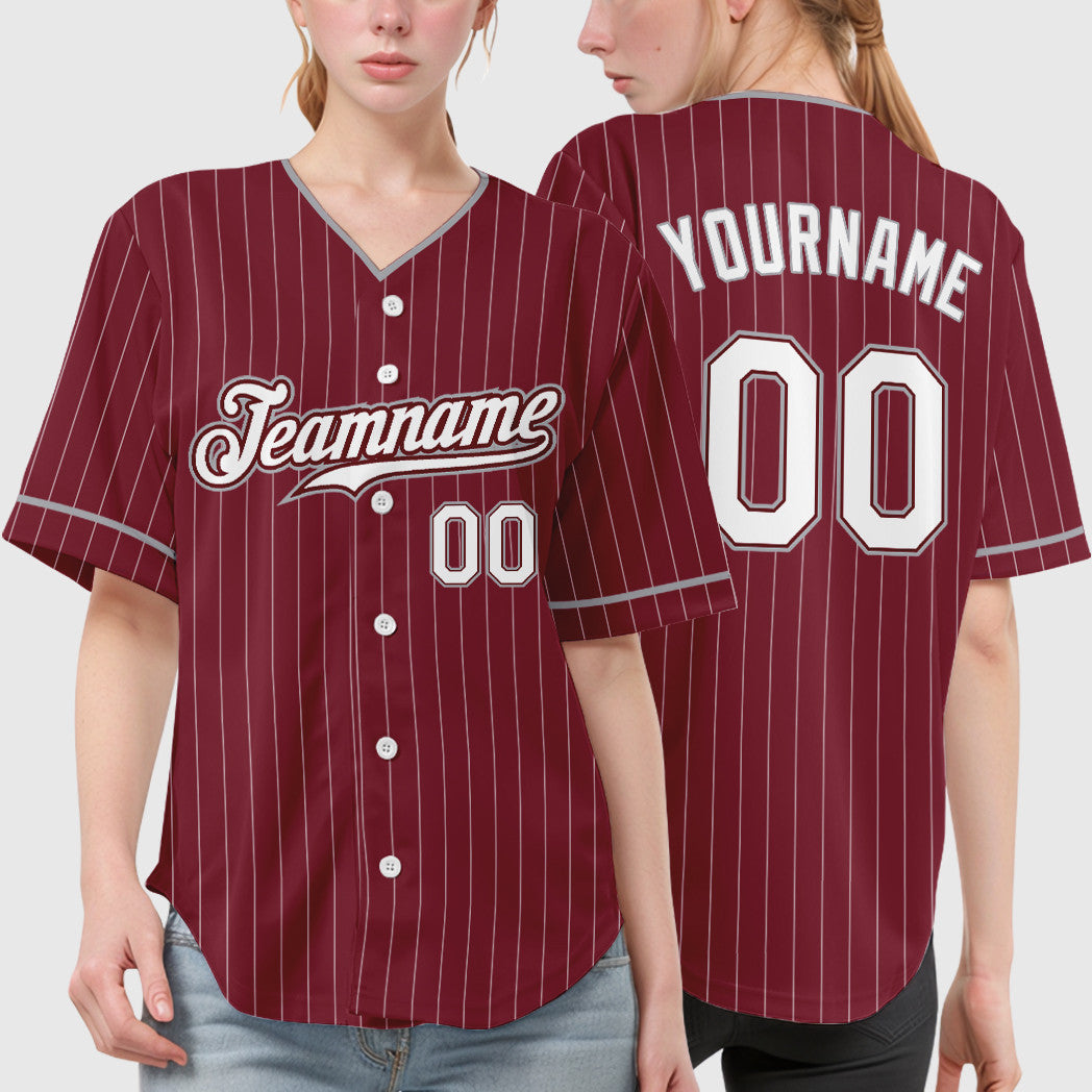 Custom Crimson White Gray Pinstripe Baseball Jersey