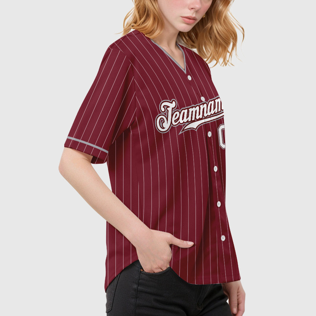 Custom Crimson White Gray Pinstripe Baseball Jersey