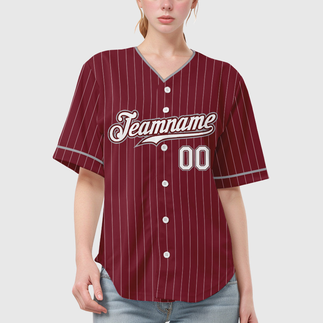 Custom Crimson White Gray Pinstripe Baseball Jersey