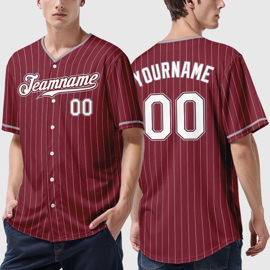 Custom Crimson White Gray Pinstripe Baseball Jersey