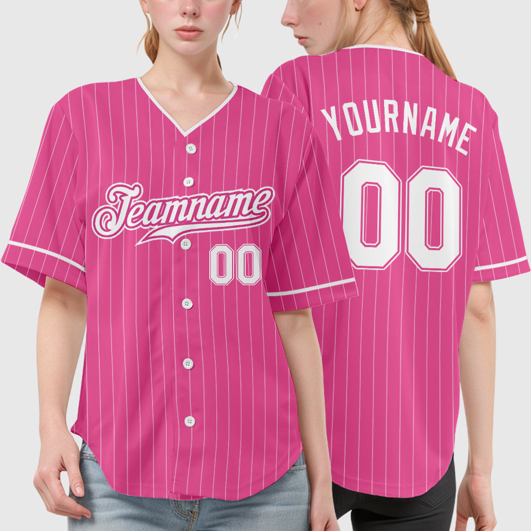 Custom Pink White White Pinstripe Baseball Jersey