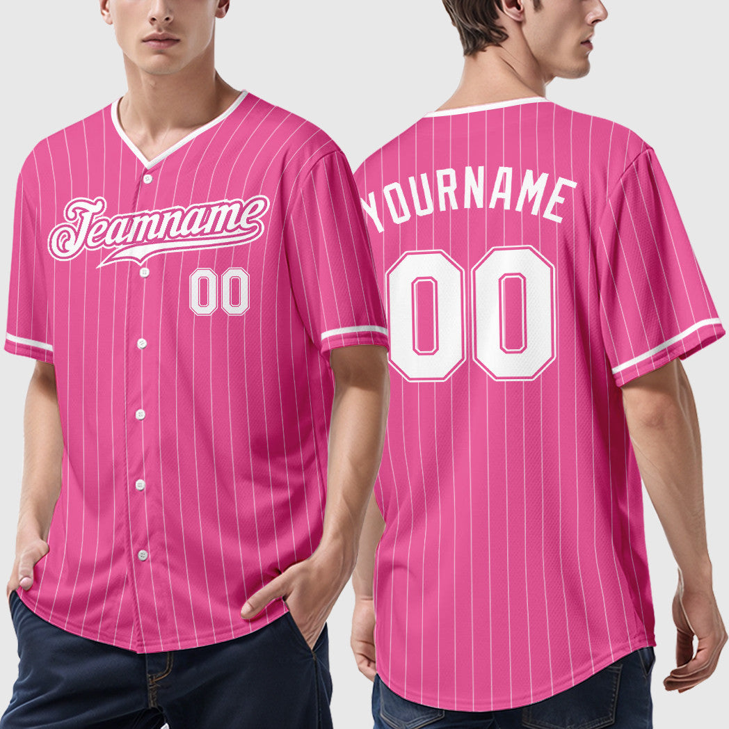 Custom Pink White White Pinstripe Baseball Jersey