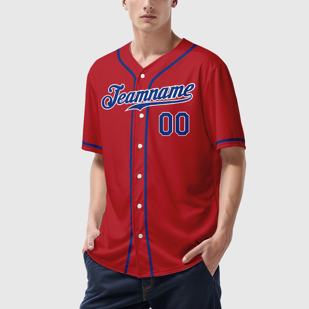 Custom Red White Royal-White Sleeve Baseball Jersey