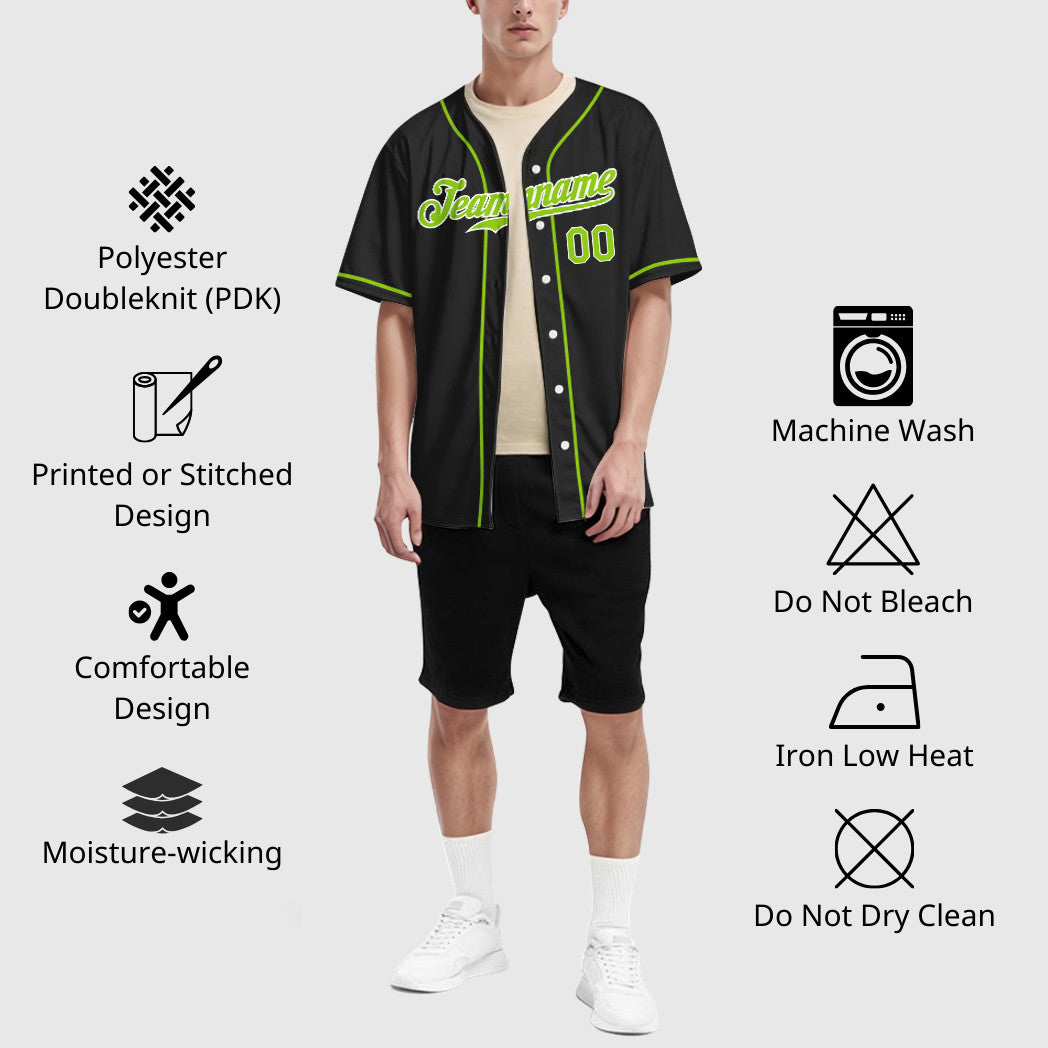 Custom Black White Neon Green Sleeve Baseball Jersey