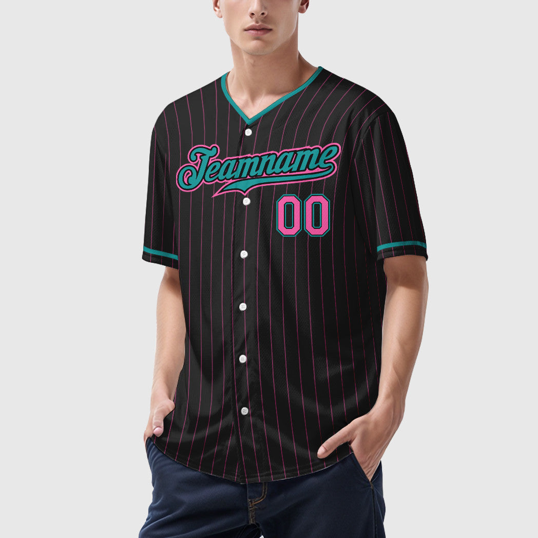 Custom Black Pink Pink-Teal Pinstripe Baseball Jersey