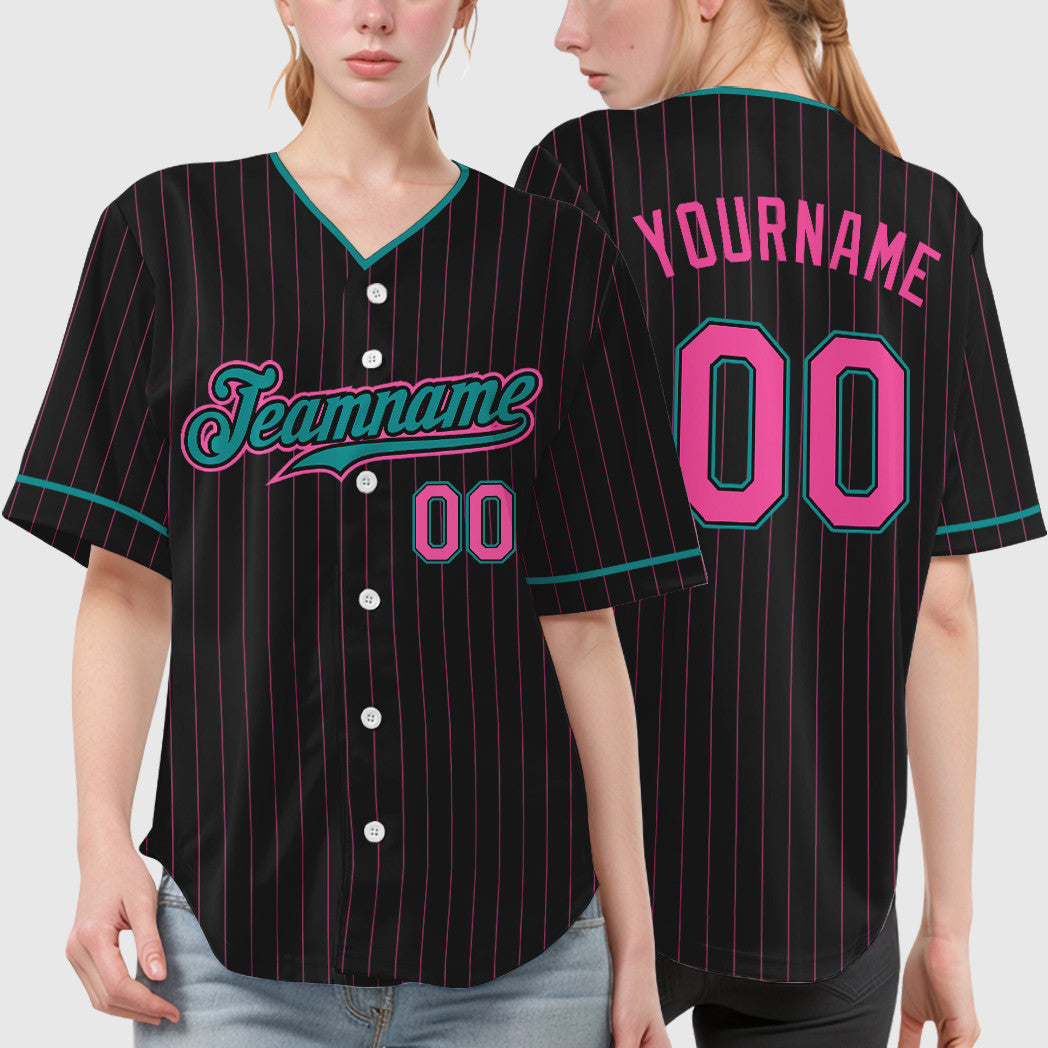 Custom Black Pink Pink-Teal Pinstripe Baseball Jersey
