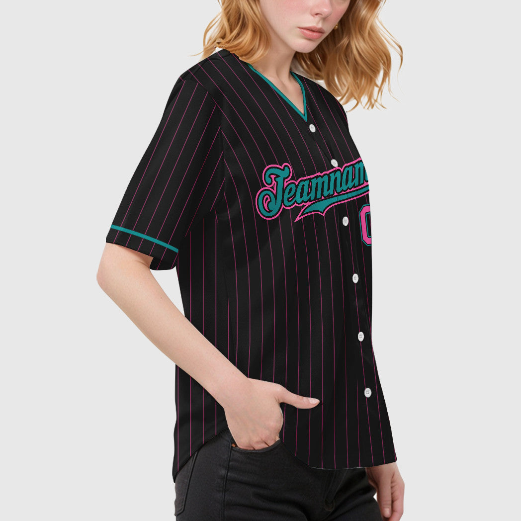 Custom Black Pink Pink-Teal Pinstripe Baseball Jersey