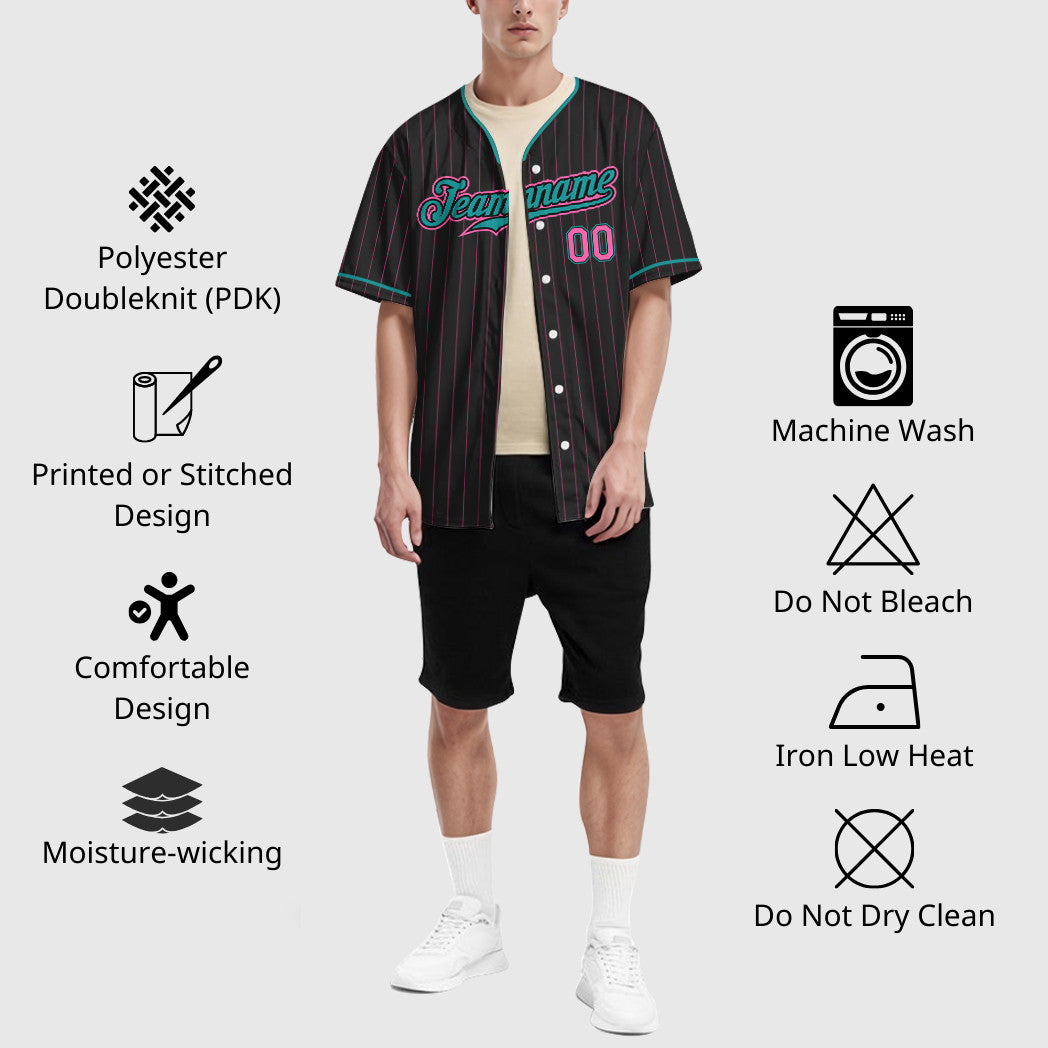 Custom Black Pink Pink-Teal Pinstripe Baseball Jersey