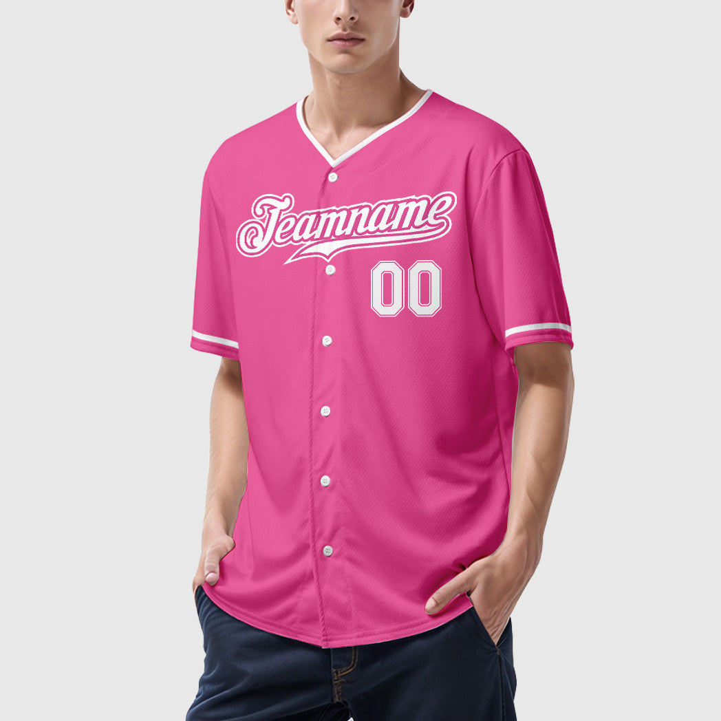 Custom Pink White White Collar Sleeve Baseball Jersey