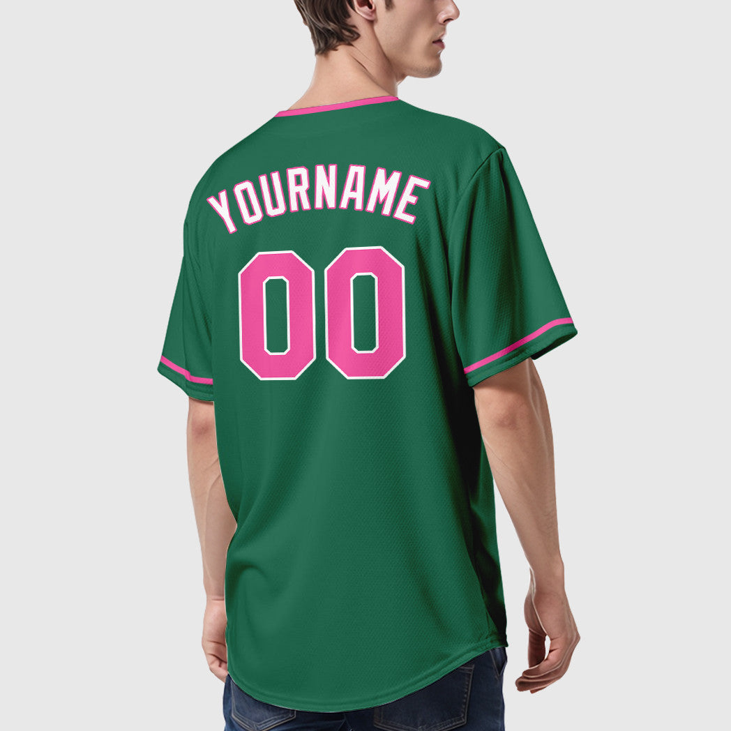 Custom Kelly Green White Pink-White Collar Sleeve Baseball Jersey