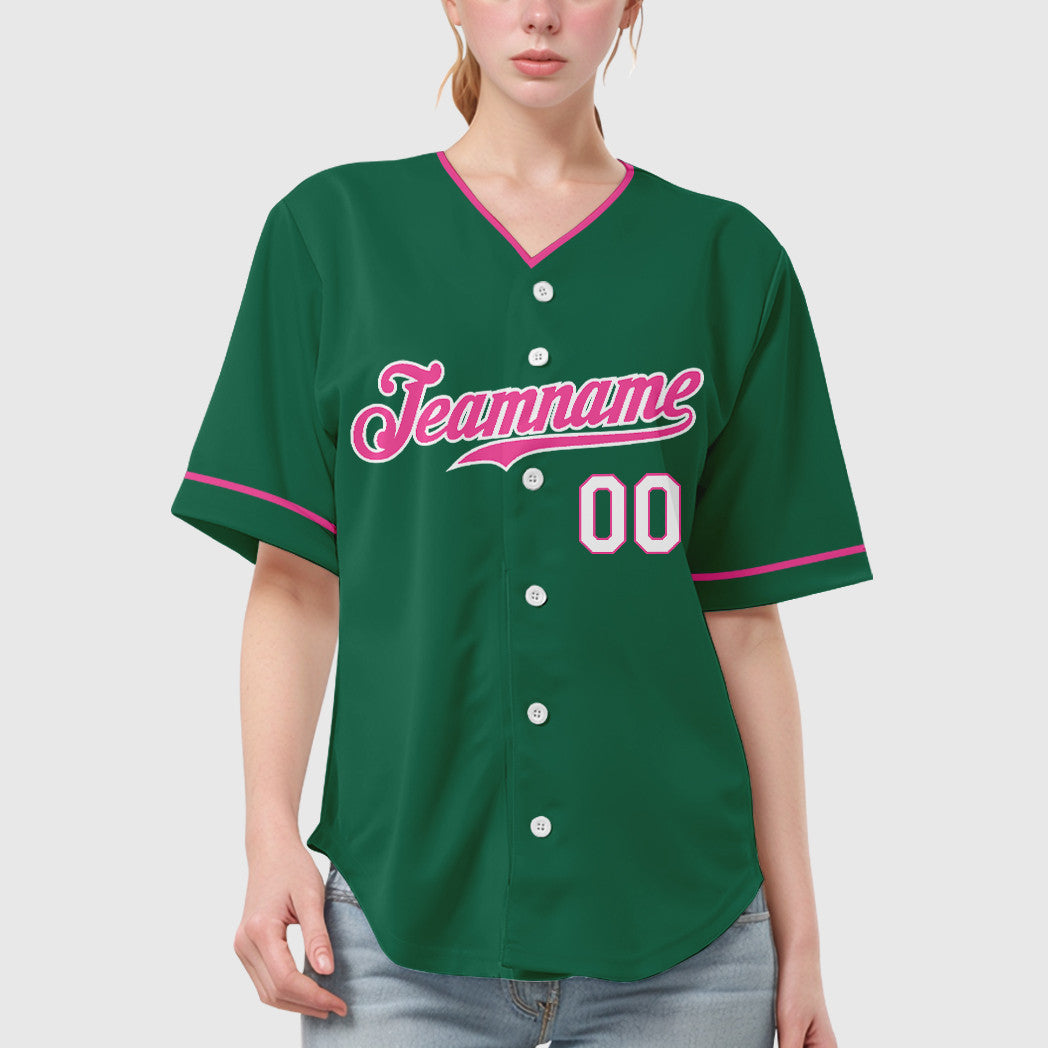 Custom Kelly Green White Pink-White Collar Sleeve Baseball Jersey