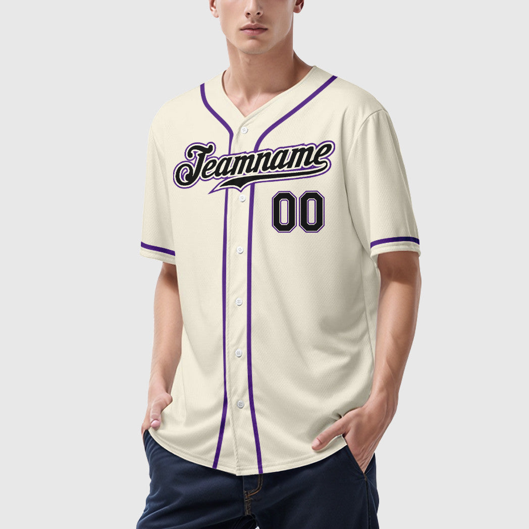 Custom Cream Black Black-Purple Sleeve Baseball Jersey