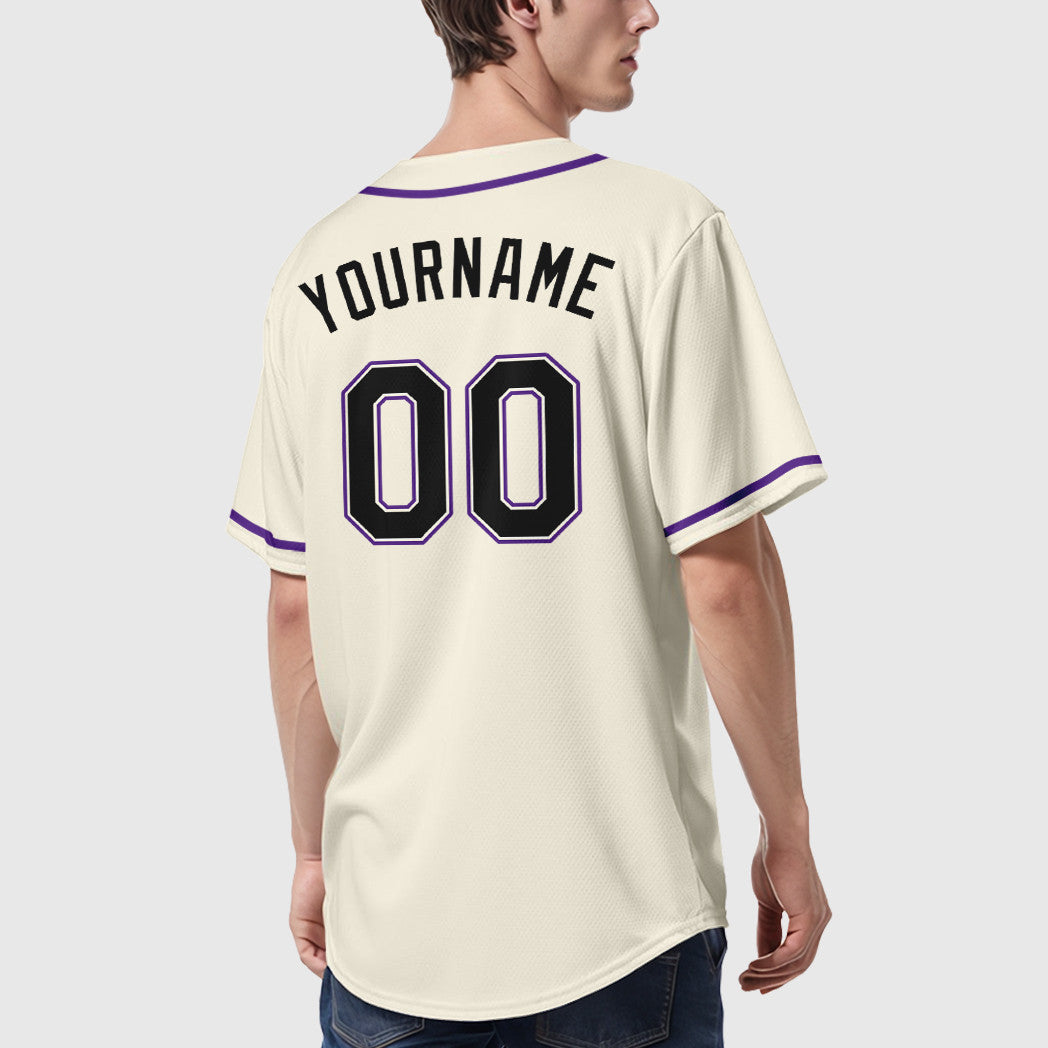 Custom Cream Black Black-Purple Sleeve Baseball Jersey