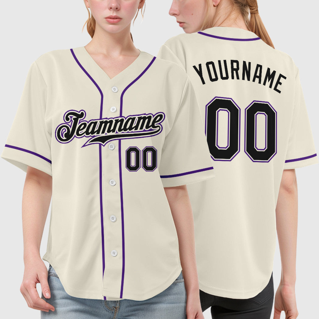 Custom Cream Black Black-Purple Sleeve Baseball Jersey