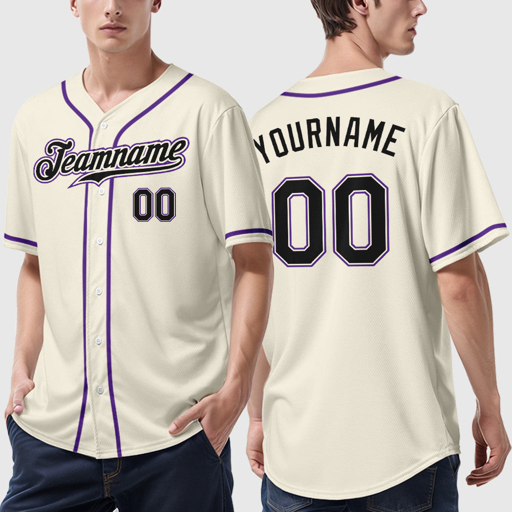 Custom Cream Black Black-Purple Sleeve Baseball Jersey