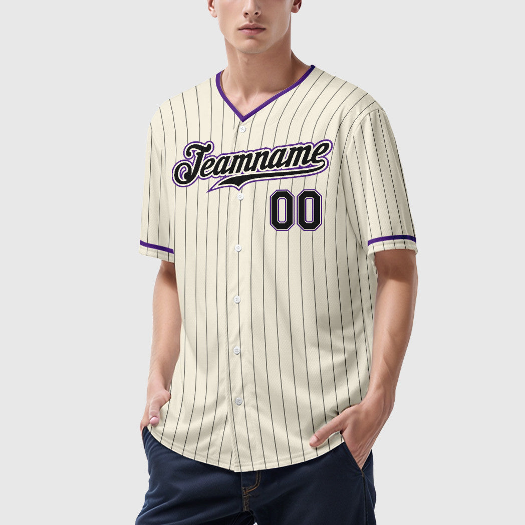 Custom Cream Black Black-Purple Pinstripe Baseball Jersey