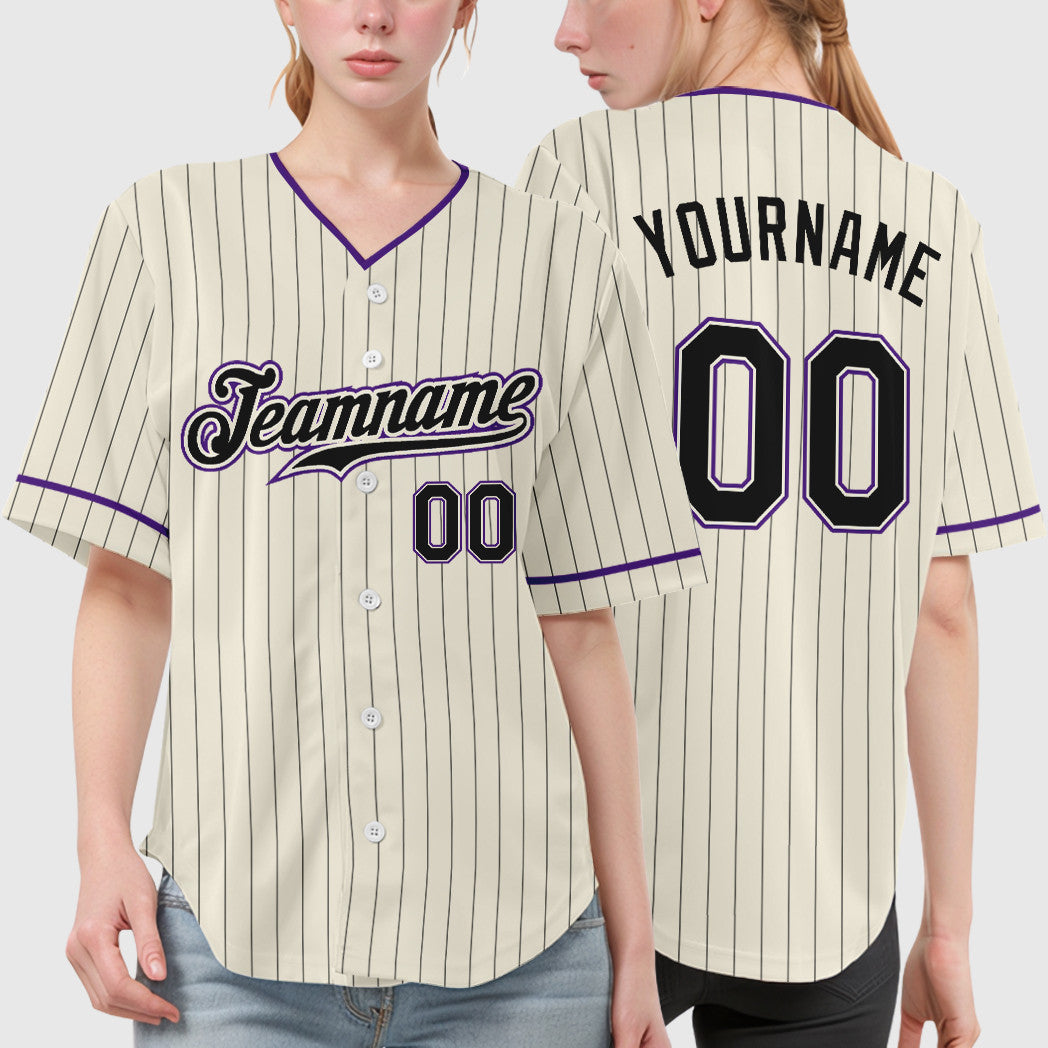 Custom Cream Black Black-Purple Pinstripe Baseball Jersey