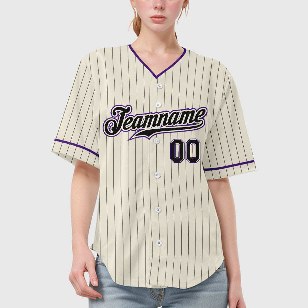 Custom Cream Black Black-Purple Pinstripe Baseball Jersey